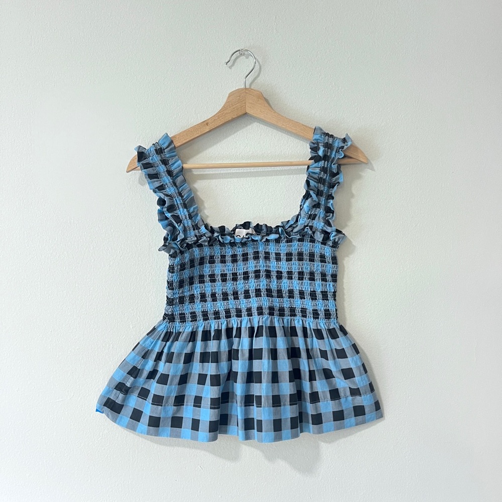 blue/black check GANNI seersucker top